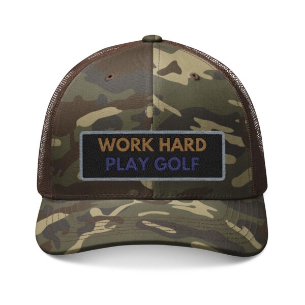 Camouflage Trucker Hat - Work Hard Play Golf Embroidery - Image 3