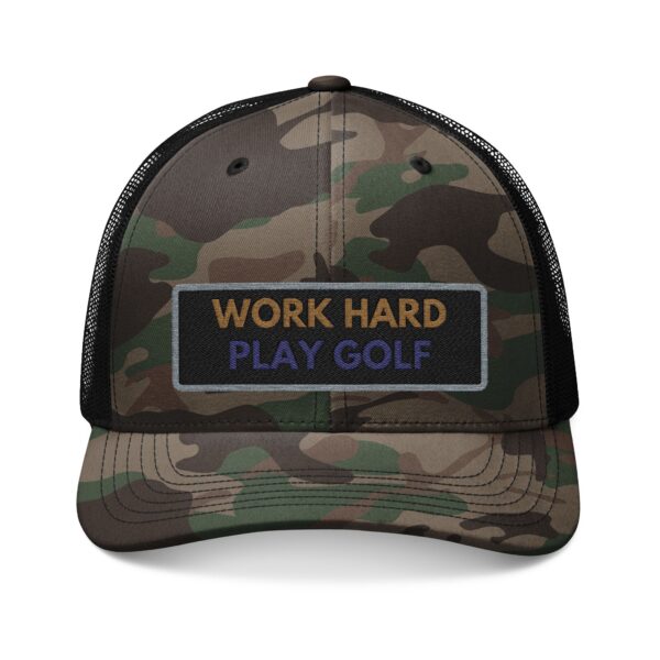 Camouflage Trucker Hat - Work Hard Play Golf Embroidery - Image 5
