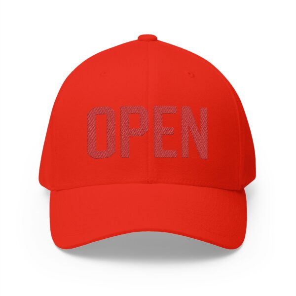 "OPEN" Embroidered (Red on Red) Subdued Hat for Casual Golf Style, Unisex Baseball Hat, Fashion Accessory for Everyday Wear.