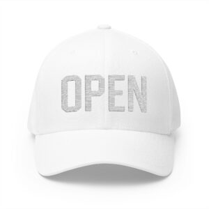 "OPEN" Embroidered (White on White) Subdued Hat for Casual Golf Style, Unisex Baseball Hat, Fashion Accessory for Everyday Wear.