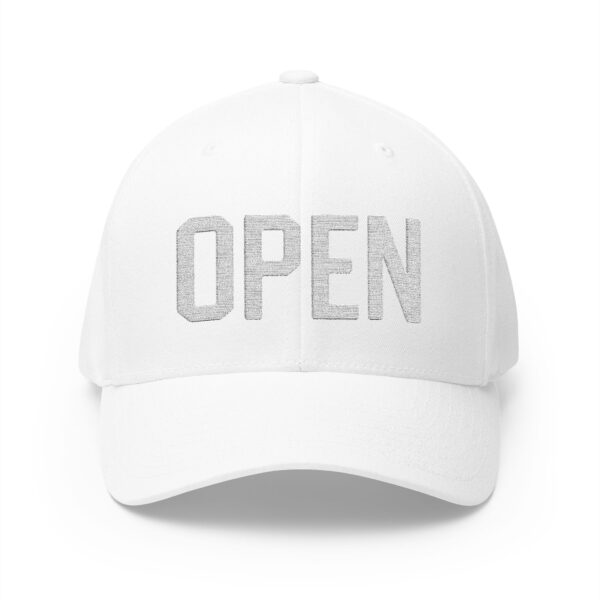 "OPEN" Embroidered (White on White) Subdued Hat for Casual Golf Style, Unisex Baseball Hat, Fashion Accessory for Everyday Wear.