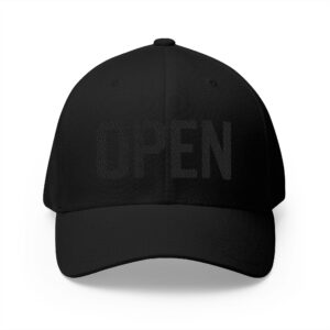"OPEN" Embroidered (Black on Black) Subdued Hat for Casual Golf Style, Unisex Baseball Hat, Fashion Accessory for Everyday Wear.